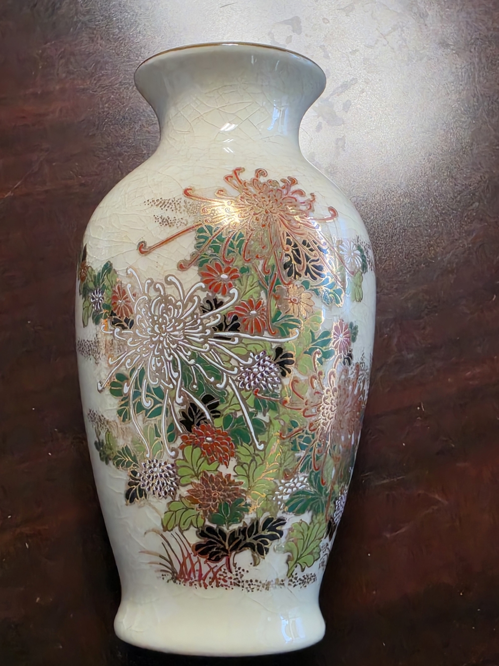 Hand-Painted Asian Floral Porcelain Vase - Ivory with Green & Gold Accents